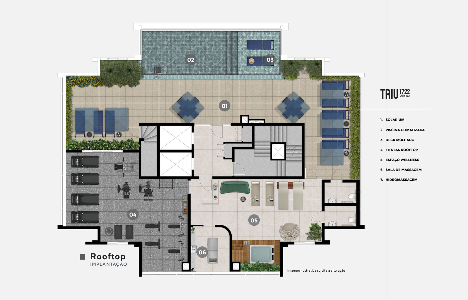 Planta complementar das áreas comuns com numeração de ambientes
