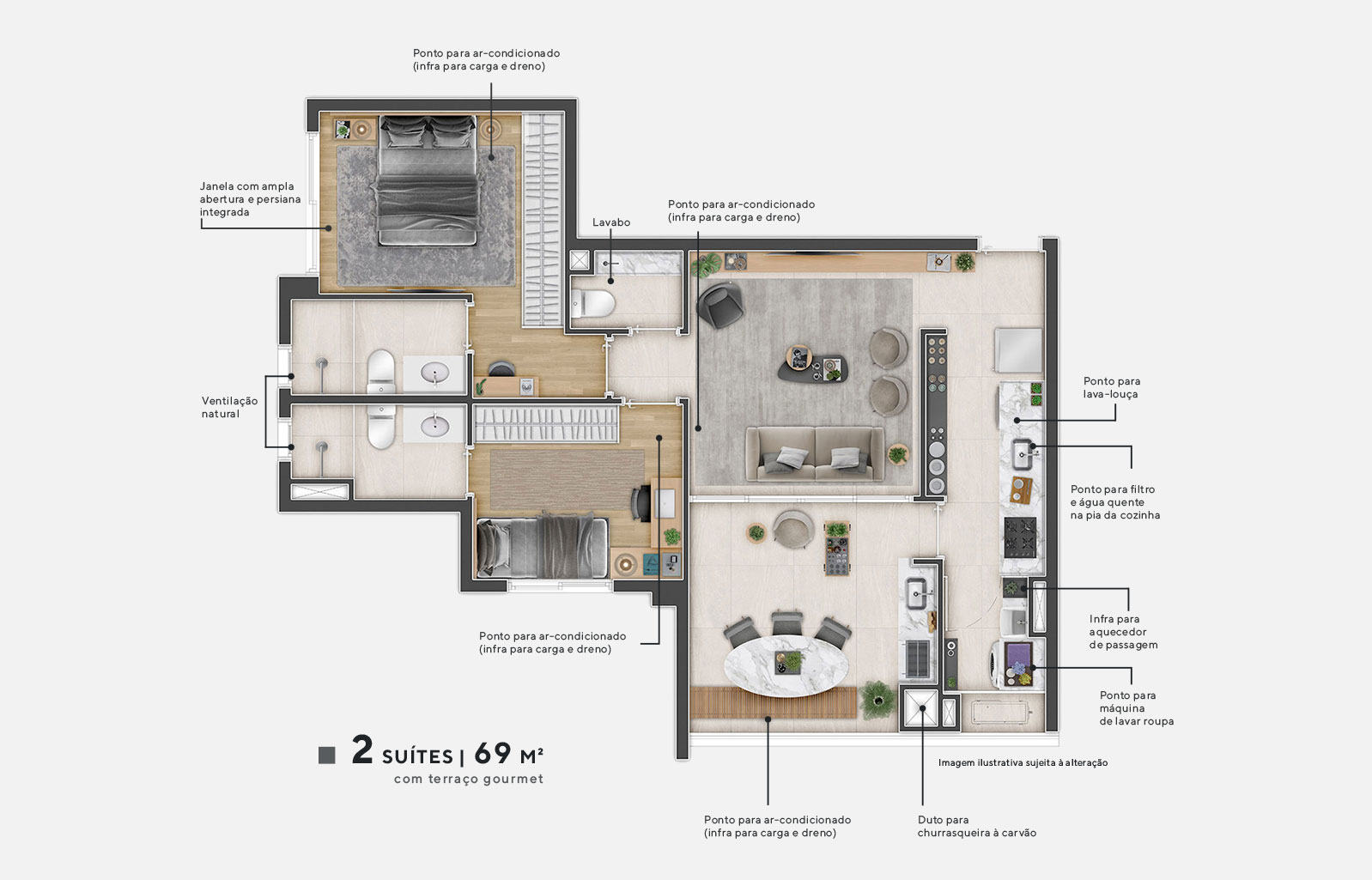 Planta de 69m² com terraço gourmet