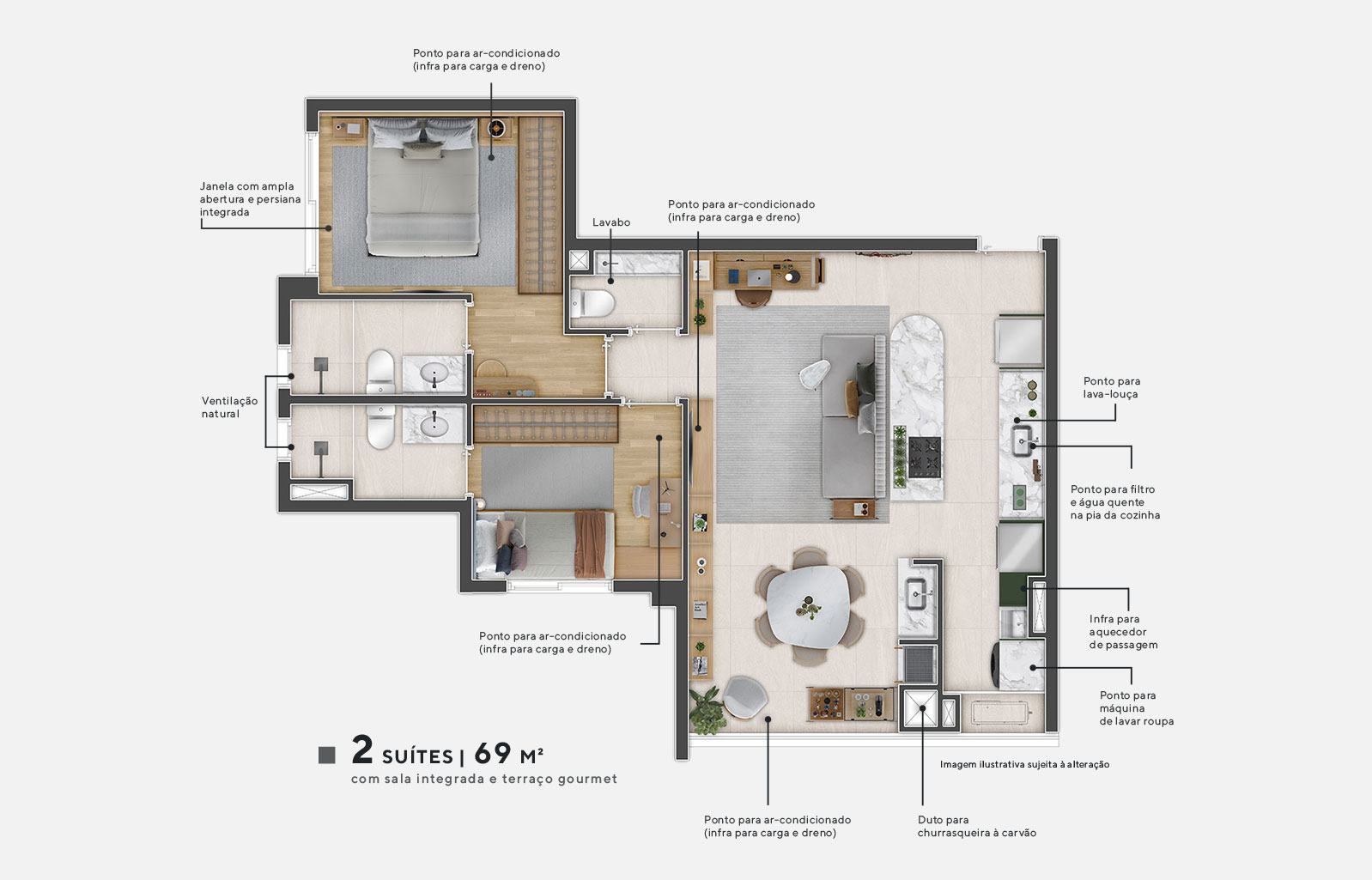 Planta de 69m² com sala integrada e terraço gourmet
